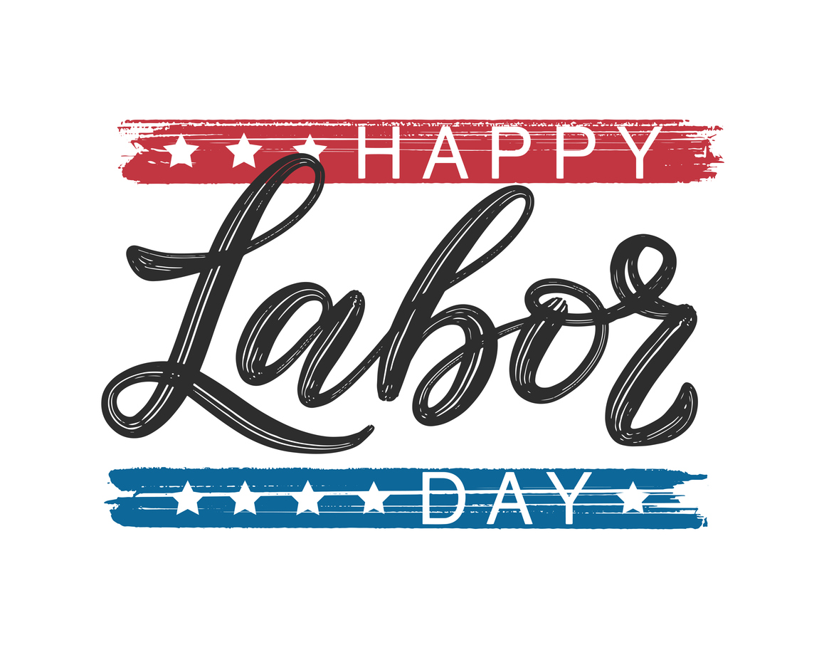 Happy Labor Day typography poster. Modern brush calligraphy as card, postcard, poster, banner, label. USA Labor Day celebration design in traditional flag colors and stars